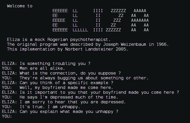 ELIZA chatbot conversation transcript, 1966